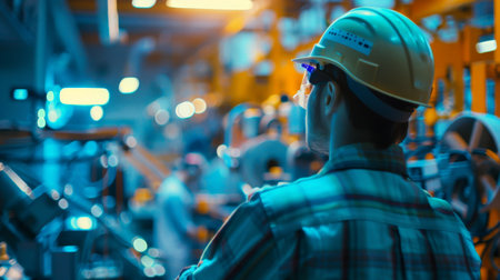 Engineer wearing hardhat looking over production line in factoryの素材