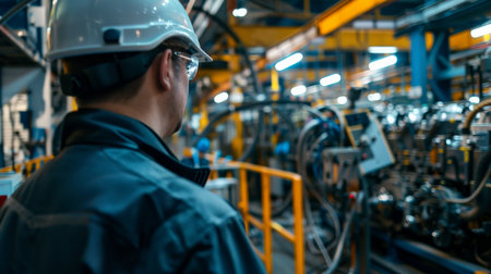 Engineer in hardhat inspecting automated production lineの素材