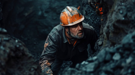 A coal miner looks for survivors in a collapsed mine.の素材