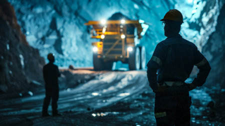Two miners in hard hats and coveralls looking at a large yellow mining truck in an underground mine.の素材