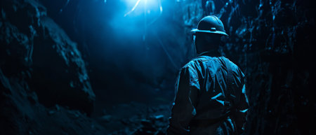 The image shows a man standing in a dark cave. He is wearing a helmet and a headlamp. The light from his headlamp is shining on the cave wall. The cave is full of stalactites and stalagmites. The image is eerie and mysterious.の素材