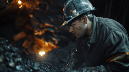 Coal miner working in coal mine. Close up of coal miner working in coal mine.の素材