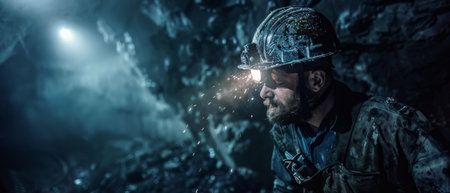 A brave miner wearing a hard hat and headlamp explores a mysterious cave, searching for valuable minerals.の素材