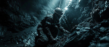 The photo shows a soldier in a dark cave. He is wearing a helmet and a gas mask. The soldier is holding a gun and is looking around cautiously.の素材