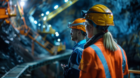 Two construction workers wearing hard hats and safety vests inspect a tunnel under construction.の素材