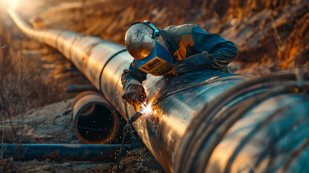 welder welds a large diameter pipe with bright sparksの素材
