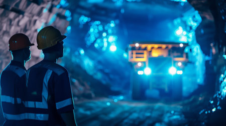 Silhouette of two workers in the mine. Selective focusの素材