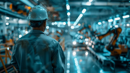 Engineer in hard hat at the production line of car factoryの素材