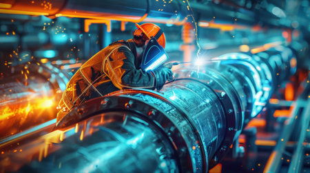 welder in protective mask and orange protective clothing welds a large metal pipeの素材