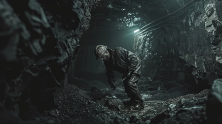 A lone coal miner works in a dark mine.の素材