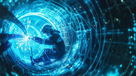 Astronaut floating in zero gravity in a futuristic spaceship corridor.の素材