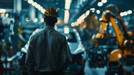 Engineer wearing hardhat inspecting automated robotic assembly line in modern factoryの素材