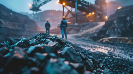 Two miners walking away from the camera in a dark coal mine.の素材