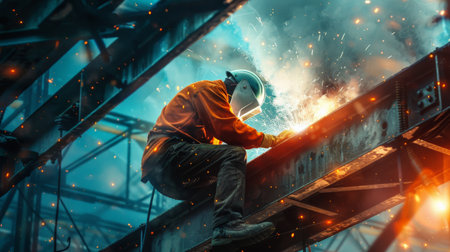A welder working on a metal beam high above the ground.の素材