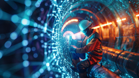 welder at work in protective clothing in the mineの素材