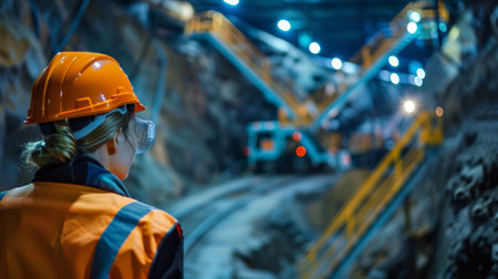 Female mining engineer wearing hard hat and safety vest inspecting underground mineの素材
