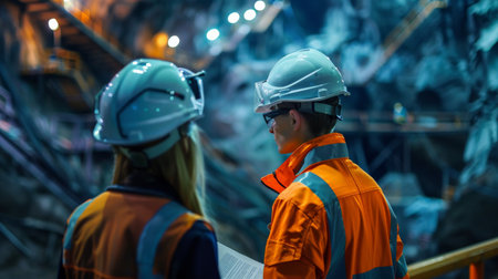 Two construction workers in hard hats and safety vests looking at blueprints on a construction siteの素材