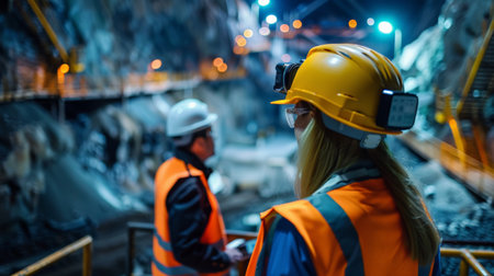 Two construction workers, wearing hard hats and safety vests, inspect a tunnel under construction.の素材