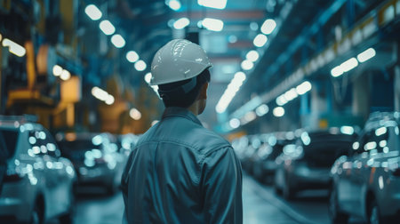 Engineer wearing hardhat standing with his back to the camera in the middle of a large modern factory with blurred background.の素材