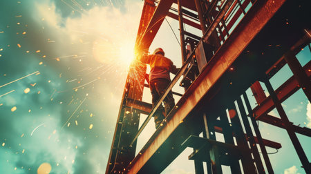 welder working on a metal structure with sparks flyingの素材