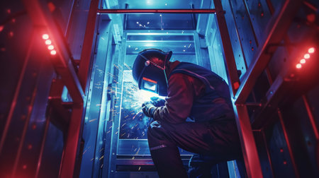 A welder works on a project in a factory.の素材