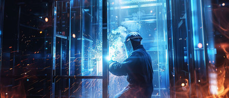 The image is a dark and mysterious scene of a person in a hazmat suit walking through a futuristic city. The person is surrounded by tall buildings and strange lights. The image is full of suspense and intrigue, and it is unclear what the person is doing or where they are going.の素材