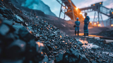 Two miners in hard hats and coveralls inspect a pile of coal at a coal mine.の素材