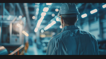 Thoughtful engineer in hardhat looking at automated production lineの素材