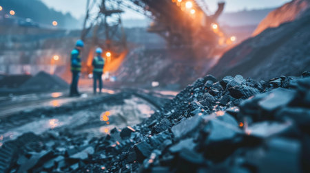 Two miners in hard hats and protective workwear inspecting a coal mine.の素材
