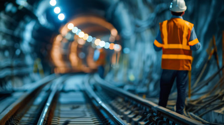 worker wearing orange vest and hard hat walking in dark tunnelの素材