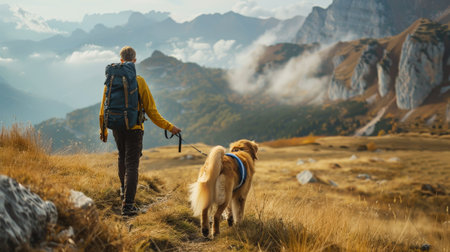 The man and his loyal dog hiking in the mountainsの素材