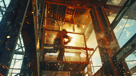 A construction worker welds a beam high above the ground.の素材