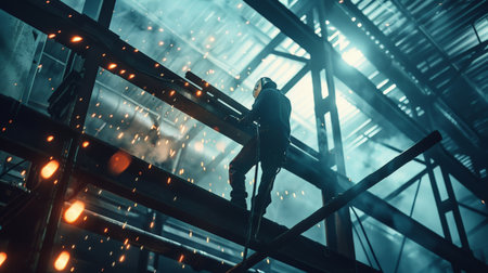 A welder working on a metal structure high above the ground.の素材