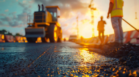 The road is being paved and a worker is using a shovel.の素材