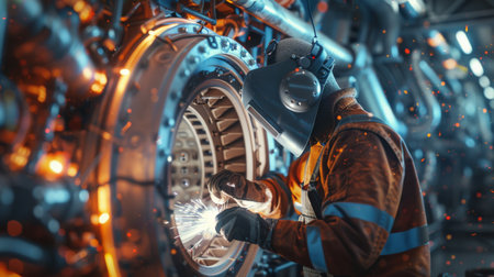 welder in protective clothing welds a large metal structure with bright sparksの素材