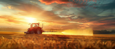 Modern tractor actively spraying crops on a vast farm with a dramatic sunset in the background --ar 7:3 Job ID: f412e4c9-9f75-4afa-9182-0c316874d1c6の素材