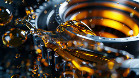 Gears turning in slow motion with oil splashingの素材