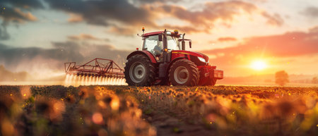 A red tractor is spraying pesticides on a golden wheat field during the sunsetの素材
