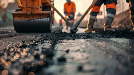 Workers are working on a road construction site in the city.の素材