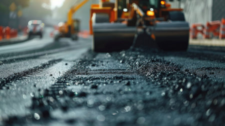 The asphalt road roller is compacting the new asphalt on the road construction siteの素材