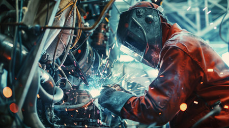 welder in protective gear welding metal with sparksの素材