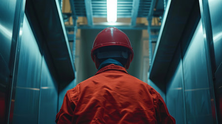 Rear view of a male worker in a red safety helmet standing in a corridorの素材