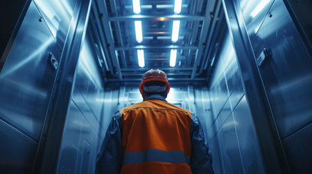 Engineer standing in the hallway of a modern office building, holding a helmet and looking at the camera.の素材