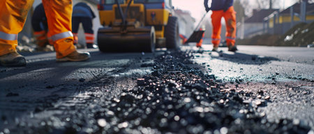 Road construction crew working on asphalt pavement with a steamrollerの素材