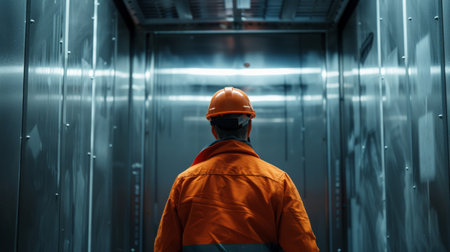 Close-up of a male worker in a hard hat and orange overalls standing in front of the elevatorの素材