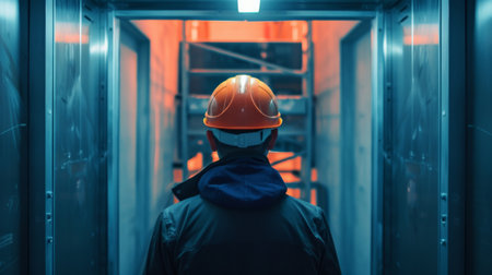 A construction worker wearing a hard hat is standing in front of a doorway.の素材