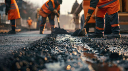 Workers are laying asphalt on the road. Workers are pouring asphalt.の素材