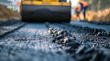 Asphalt road construction site with heavy machinery and working people on backgroundの素材