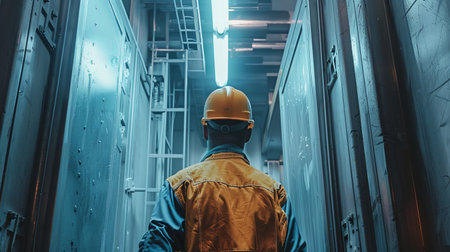Rear view of male engineer in safety helmet standing in server roomの素材