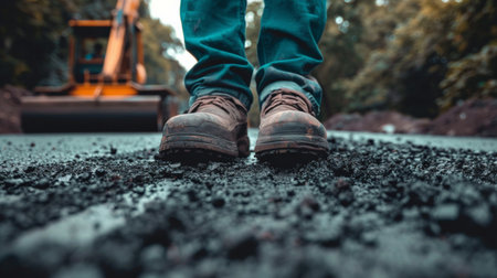 Close-up of a man's feet wearing jeans and boots standing on a road made of asphalt.の素材